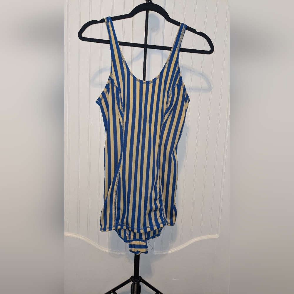 Blue and Yellow Striped Vintage Speedo Swimsuit - Picture 2 of 7